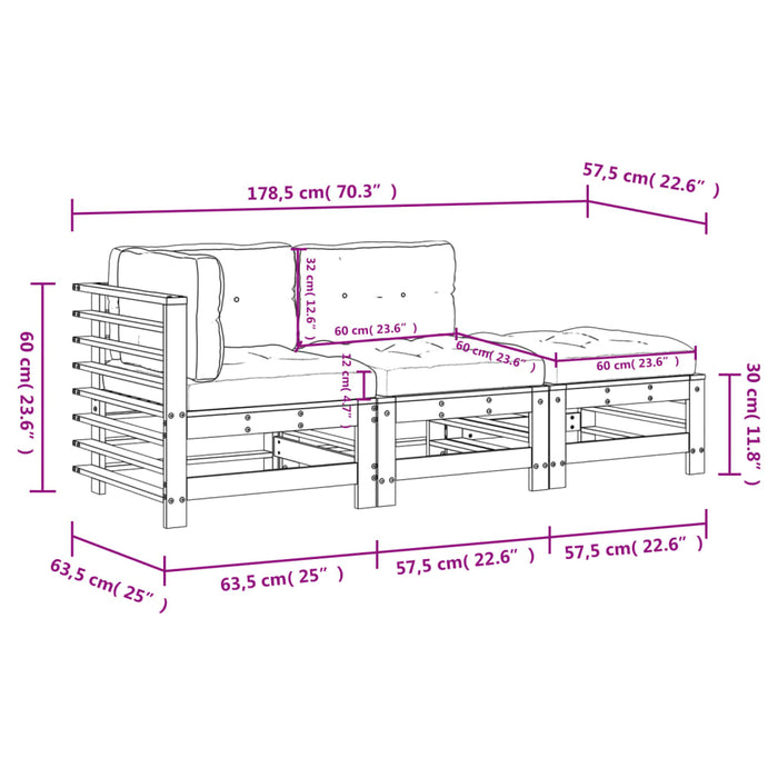 Set Divani da Giardino 3pz con Cuscini in Legno Massello Bianco 3186033