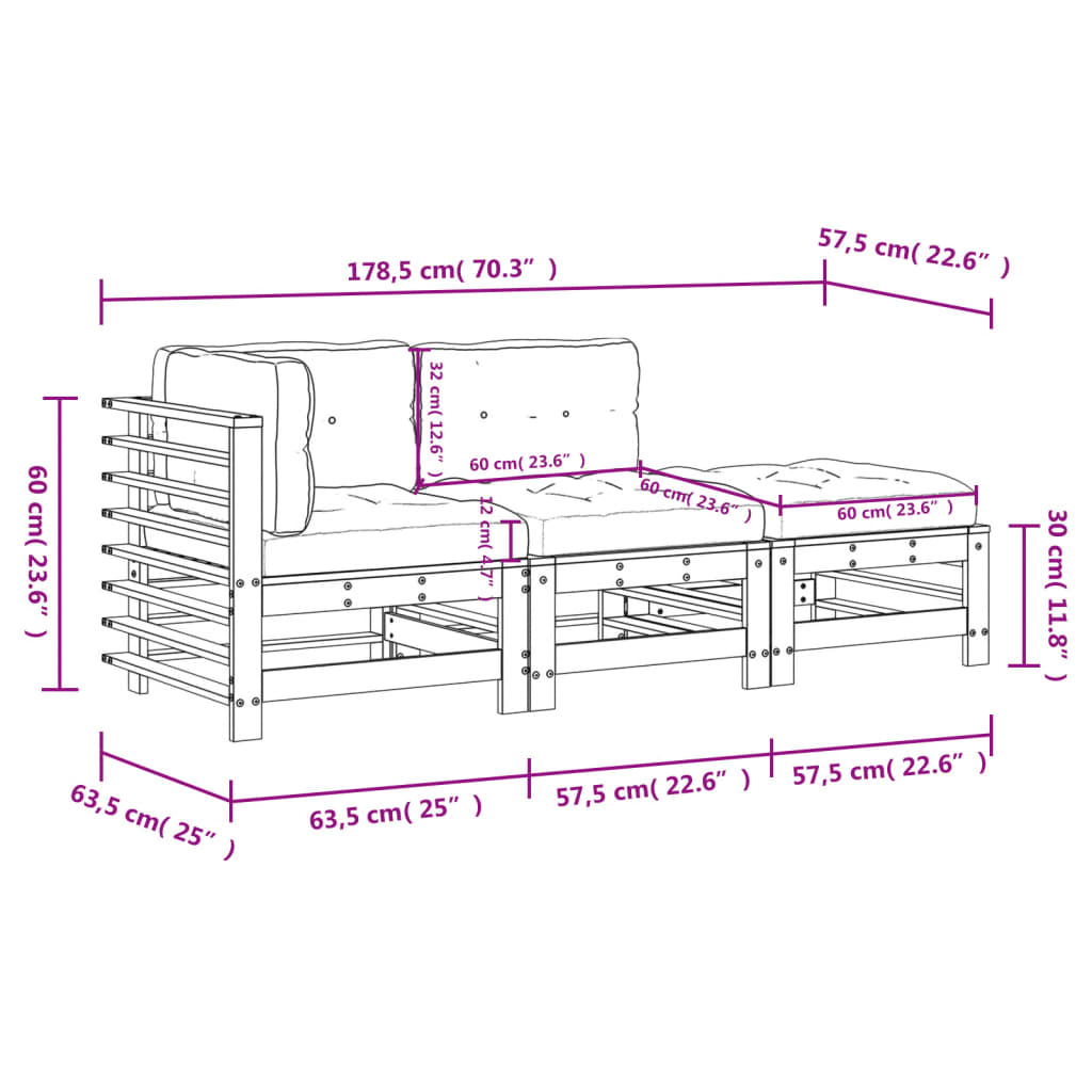 Set Divani da Giardino 3 pz con Cuscini in Legno Massello Miele 3186035