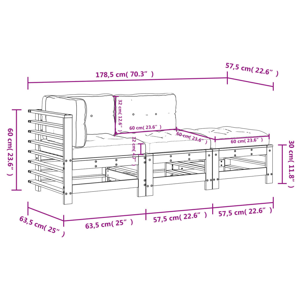 Set Divani Giardino 3pz con Cuscini Legno Massello di Douglas 3186037