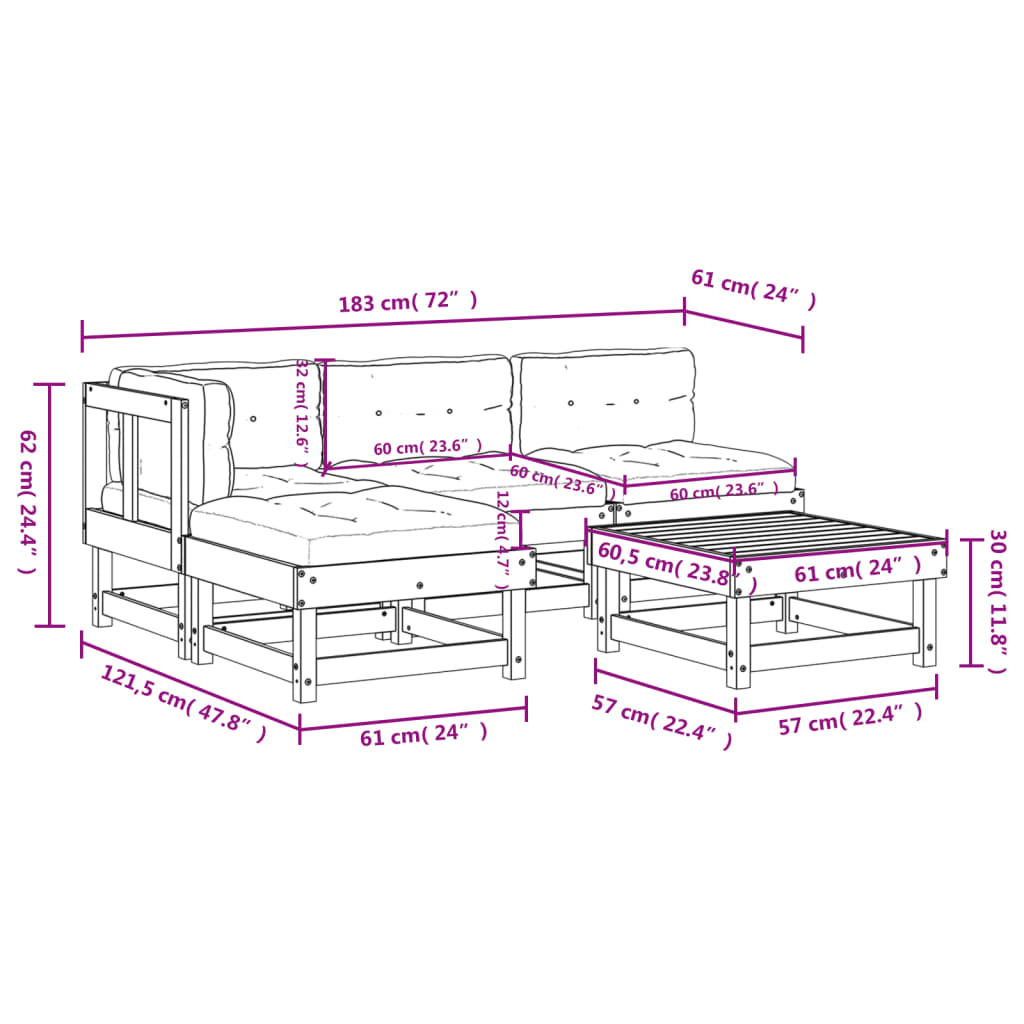 Set Divani da Giardino 5 pz con Cuscini in Legno Massello 3186039