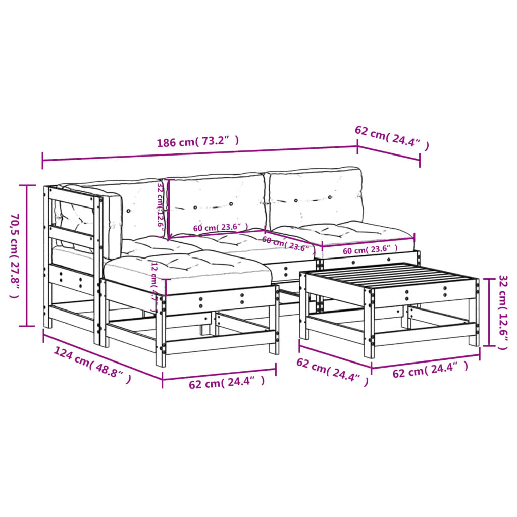 Set Divani da Giardino 5 pz con Cuscini in Legno Massello Nero 3186050