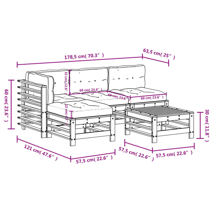 Set Divani da Giardino 5 pz con Cuscini in Legno Massello Nero 3186071