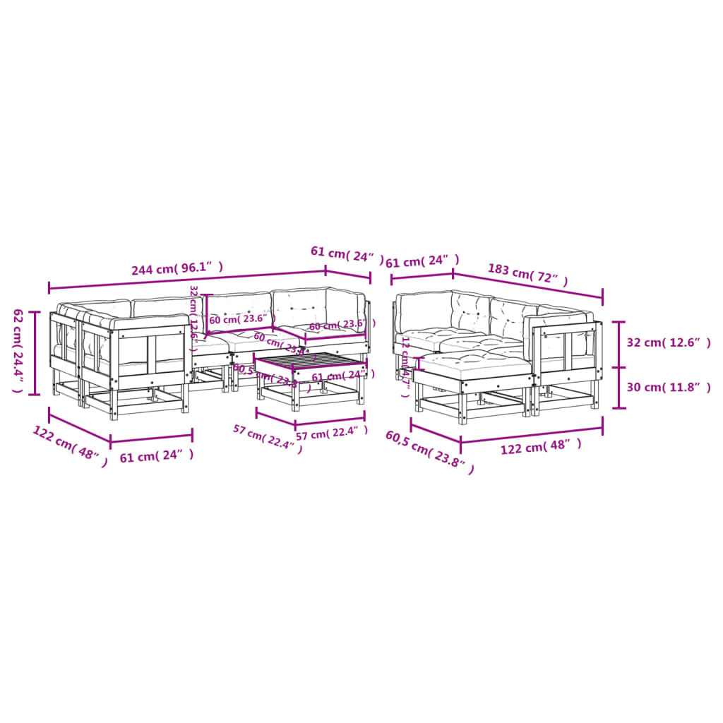 Set Divani da Giardino 10 pz con Cuscini in Legno Massello 3186074