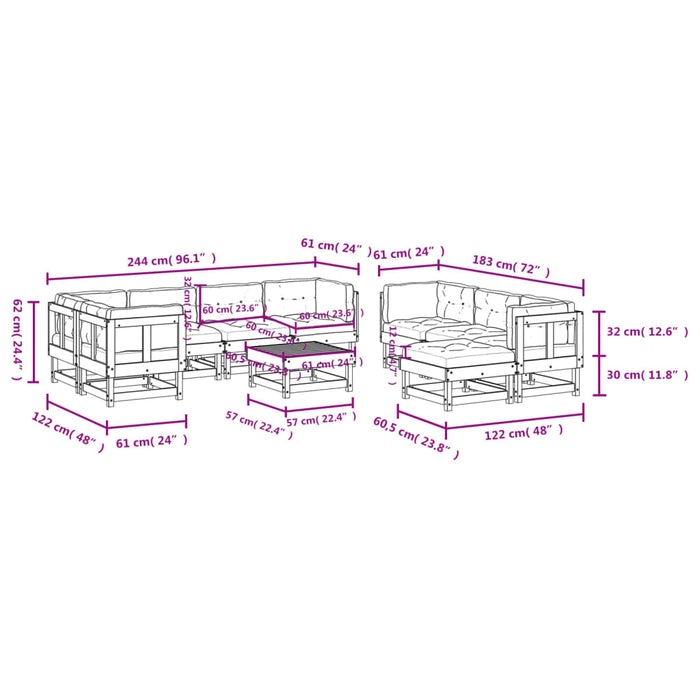 Set Divani da Giardino 10 pz con Cuscini in Legno Massello 3186074