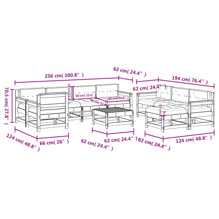 Set Divani da Giardino 10 pz con Cuscini in Legno Massello 3186081