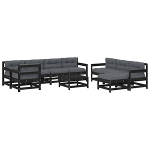 Set Divani da Giardino 10 pz con Cuscini Legno Massello Nero 3186085