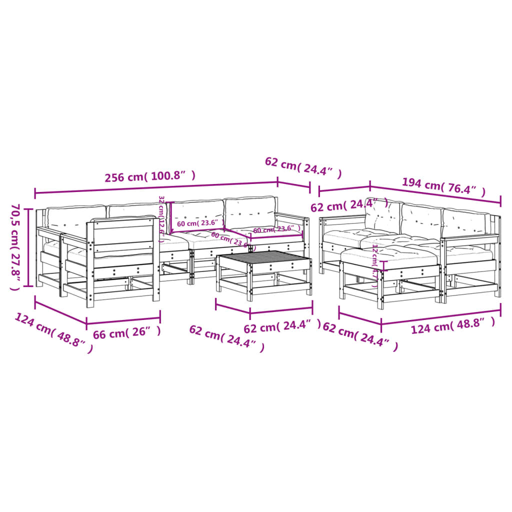 Set Divani da Giardino 10 pz con Cuscini Legno Massello Nero 3186085