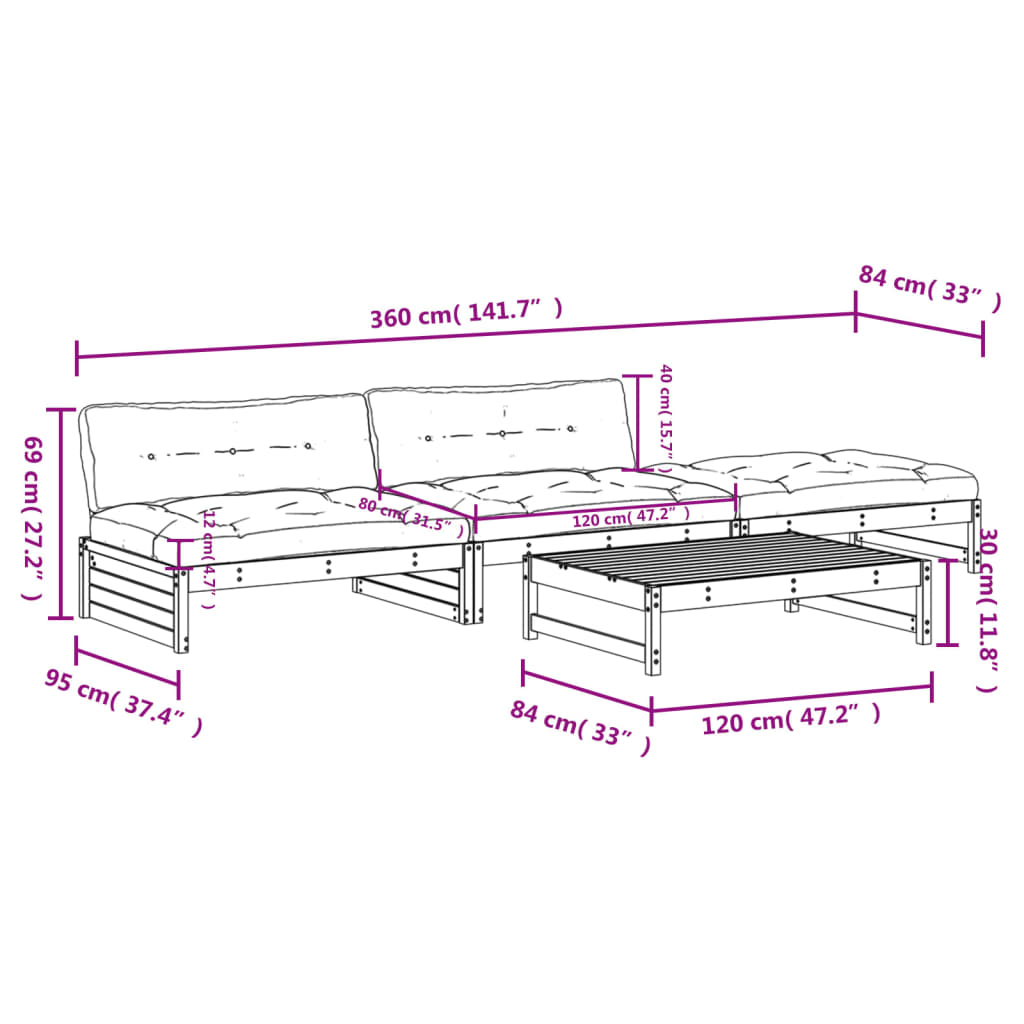 Set Divani da Giardino 4pz con Cuscini in Legno Massello Grigio 3186111