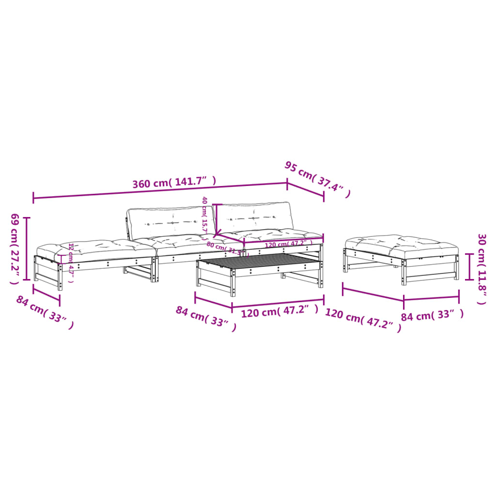 Set Divani da Giardino 5pz con Cuscini in Legno Massello Grigio 3186118