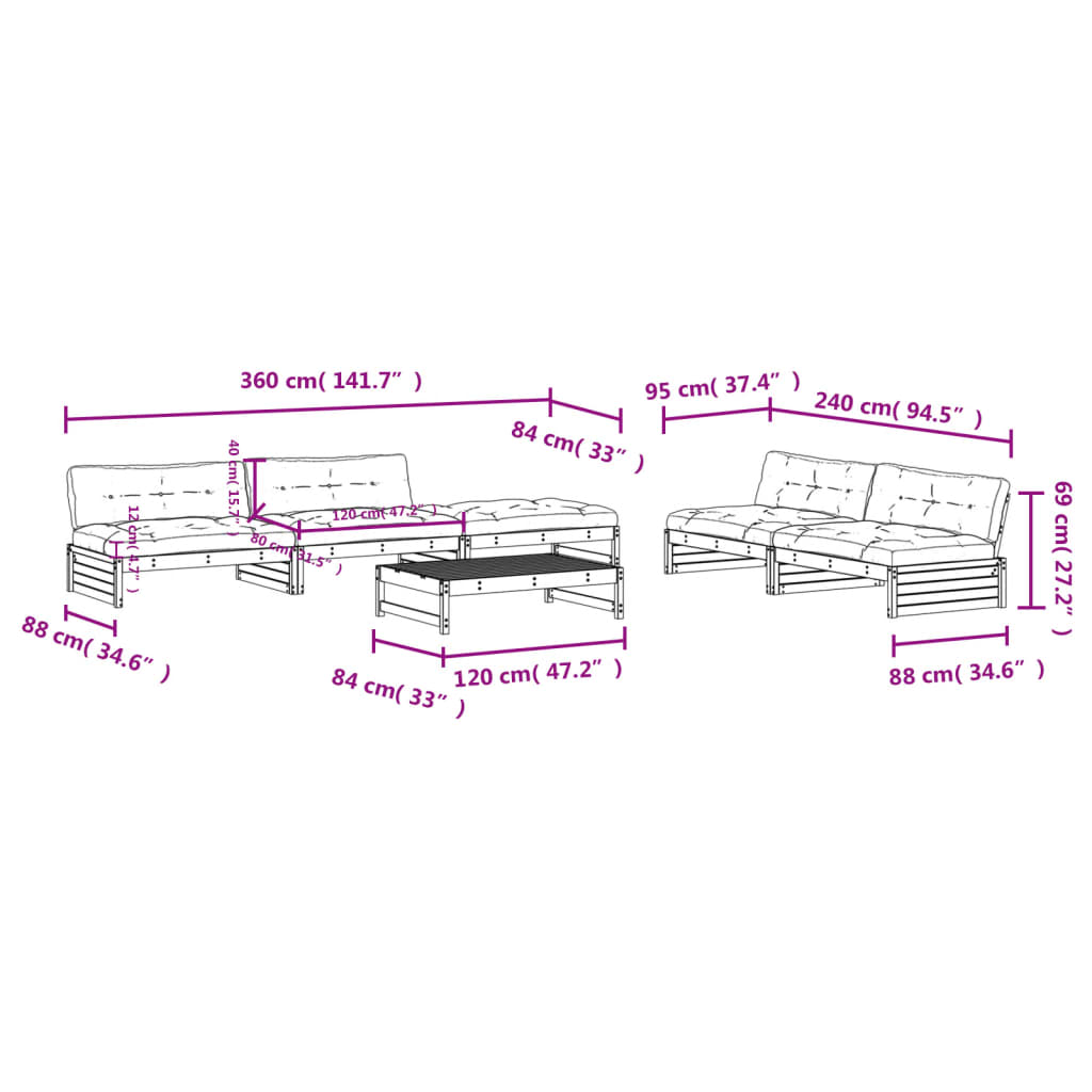 Set Divani da Giardino 6 pz con Cuscini in Legno Massello Nero 3186127