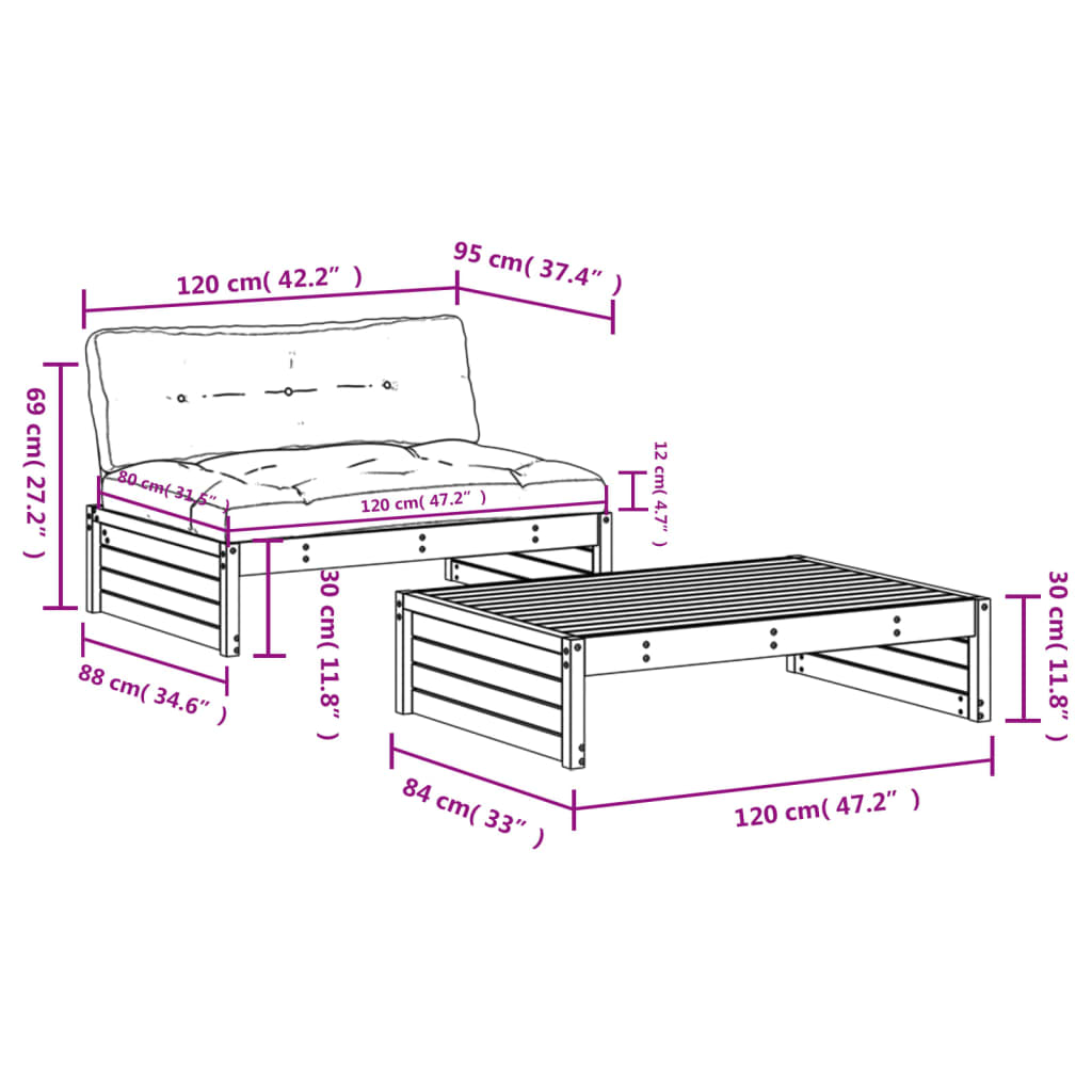 Set Divani da Giardino 2 pz con Cuscini in Legno Massello 3186130