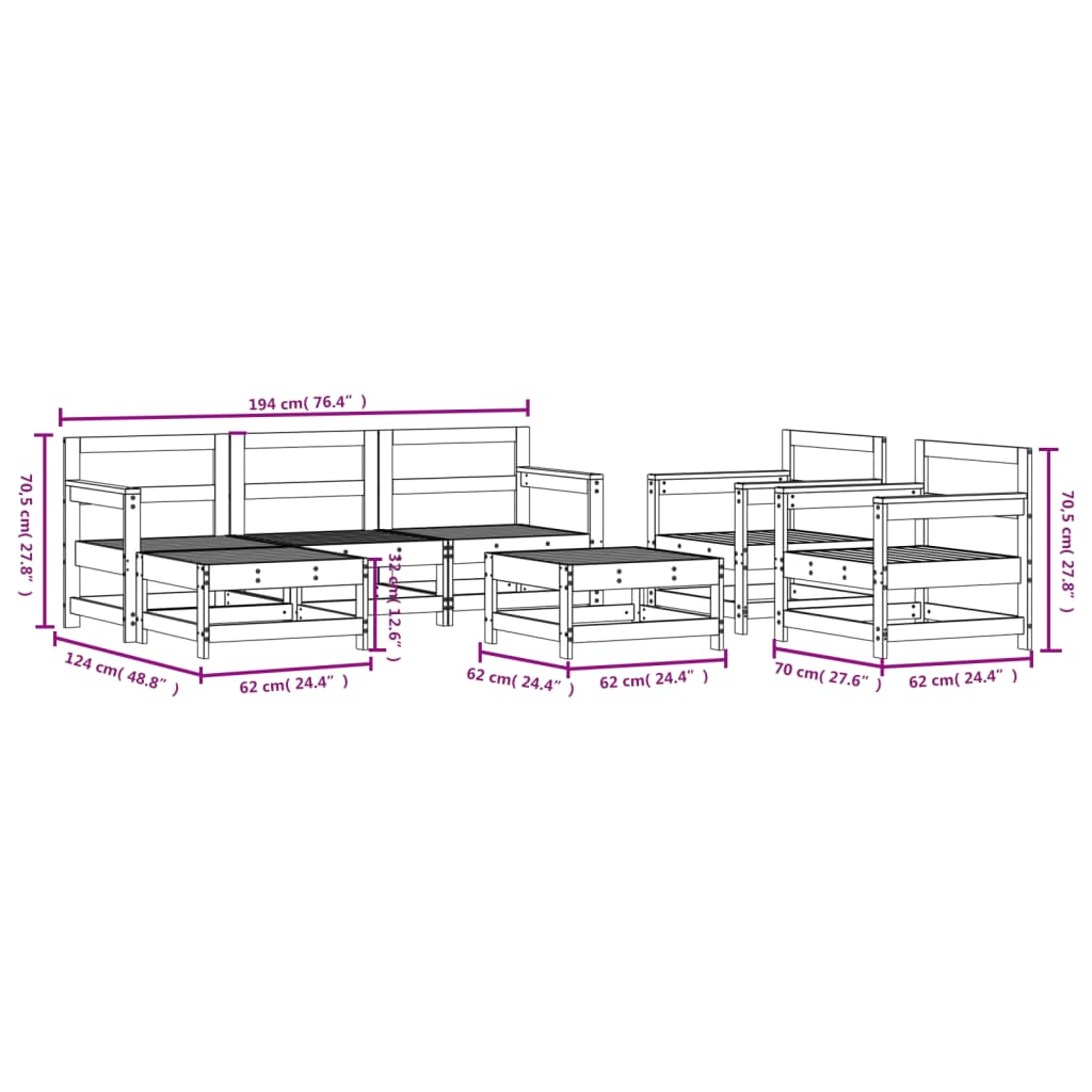 Set Salotto da Giardino 7 pz Bianco in Legno Massello di Pino 3186229