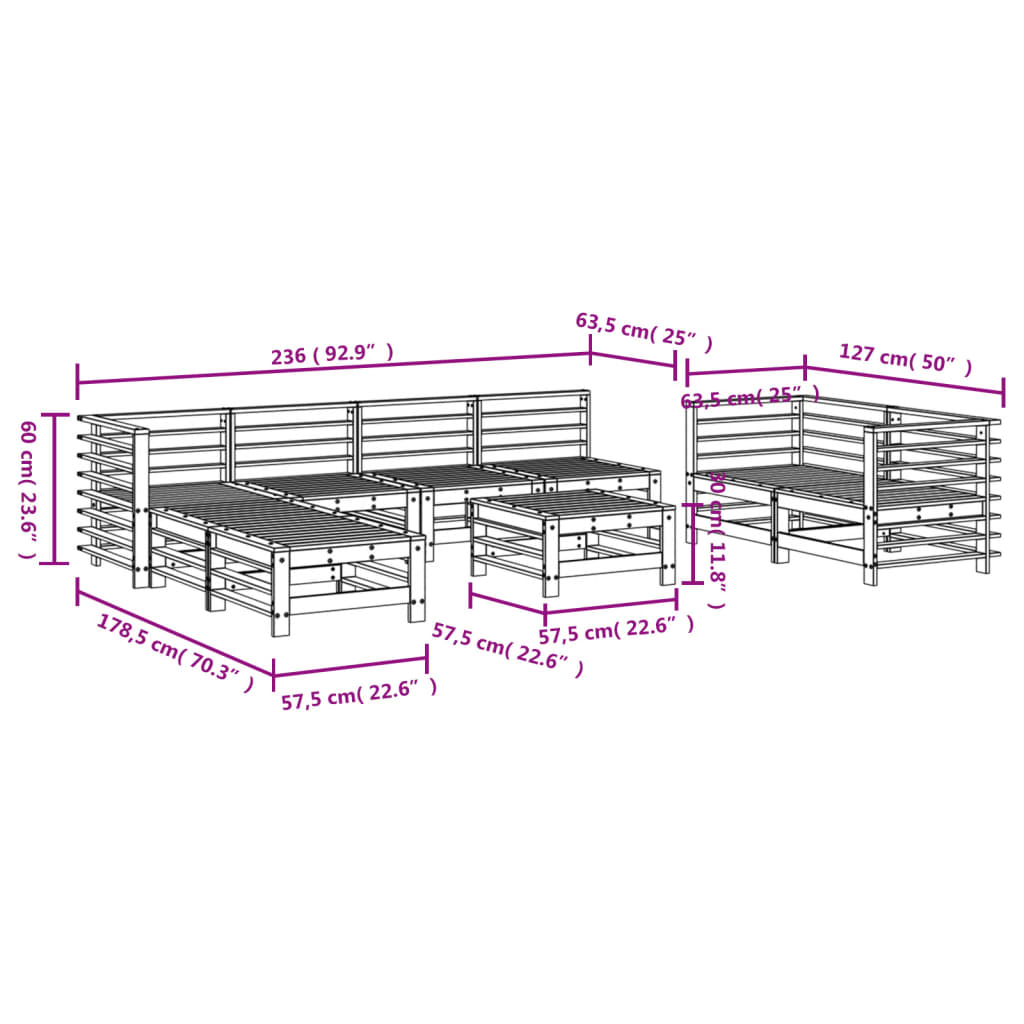 Set Salotto da Giardino 9 pz Grigio in Legno Massello di Pino 3186300