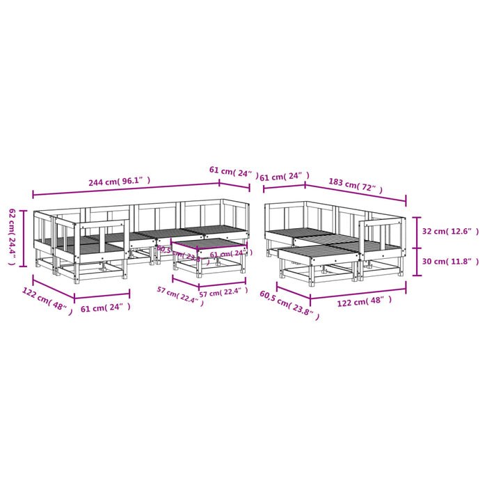 Set Salotto da Giardino 10 pz Grigio in Legno Massello di Pino 3186566