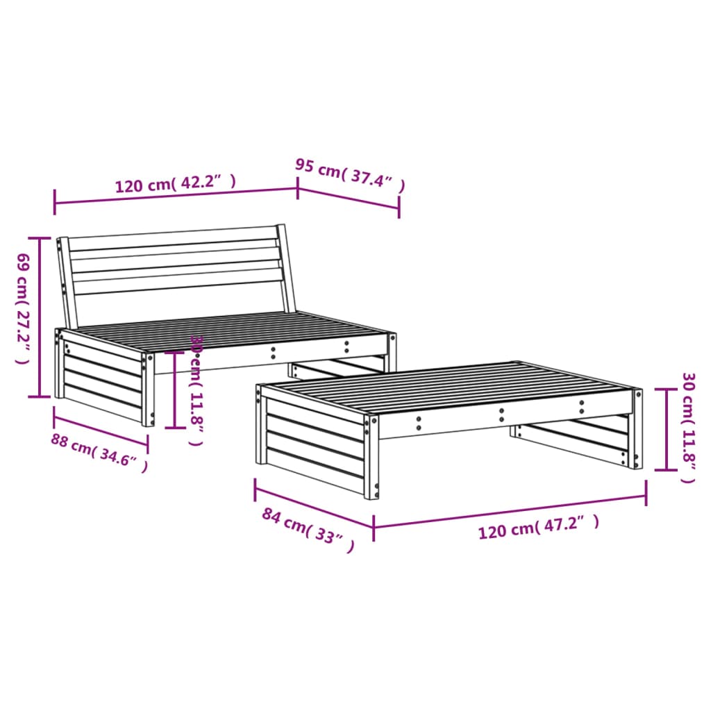 Set Salotto da Giardino 2 pz Nero in Legno Massello di Pino 3186624