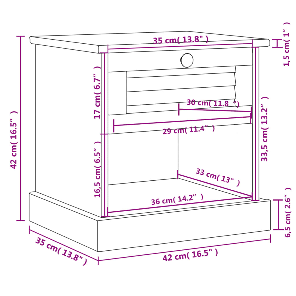 Comodino VIGO 42x35x40 cm in Legno Massello di Pino 353154