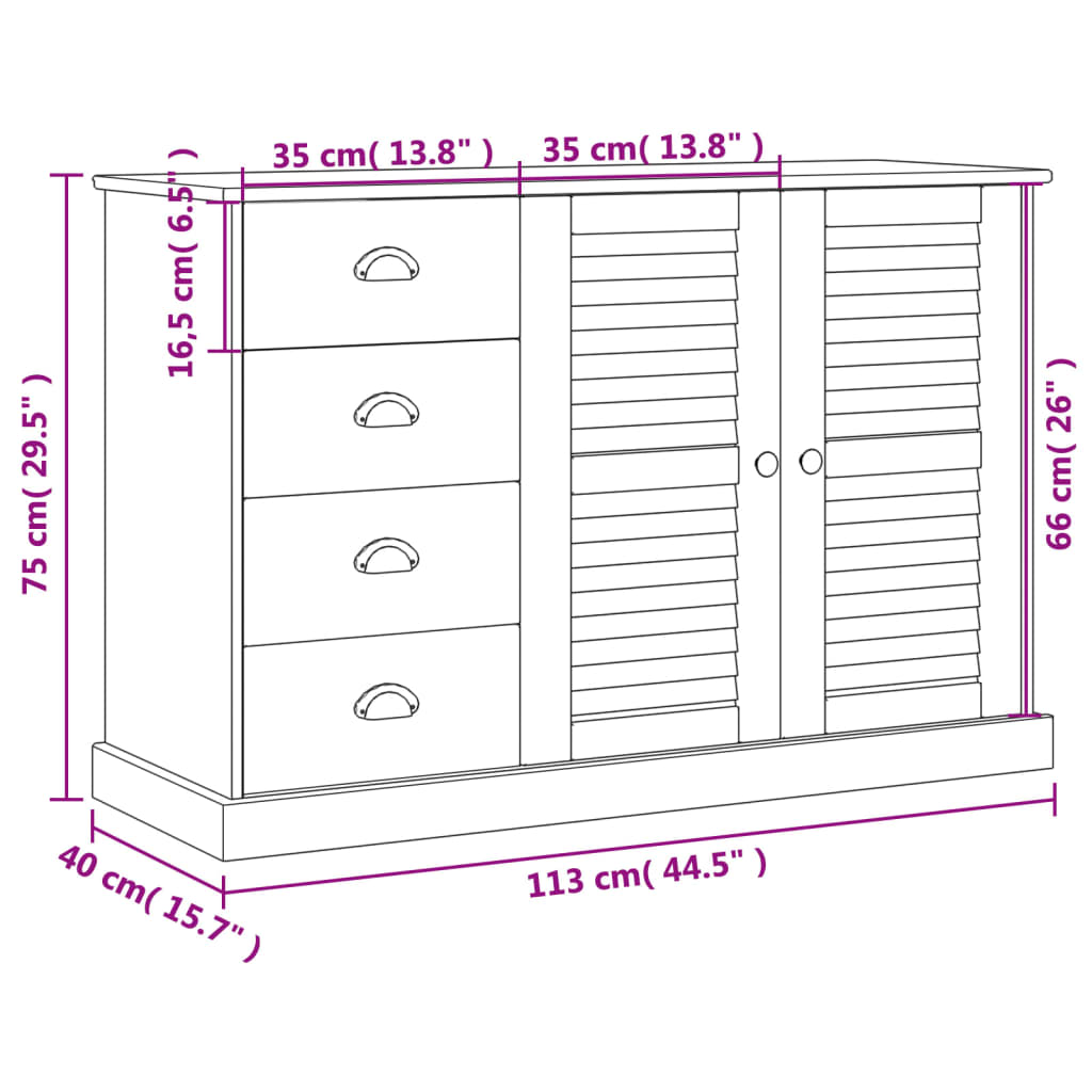 Credenza con Cassetti VIGO 113x40x75 cm Legno Massello di Pino 353187