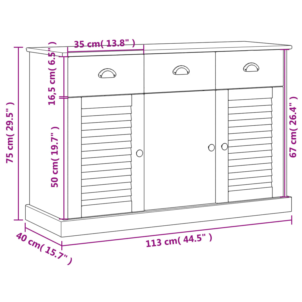 Credenza Cassetti VIGO 113x40x75 cm Legno Massello Pino Bianco 353191