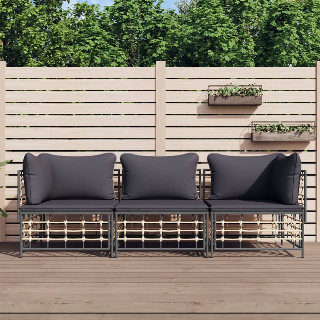 Set Divani da Giardino 3 pz con Cuscini Antracite in Polyrattan 3186695