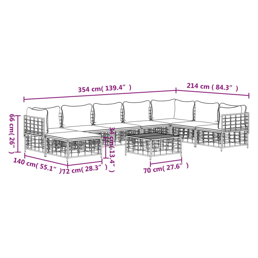 Set Divani da Giardino 9 pz con Cuscini Antracite in Polyrattan 3186792