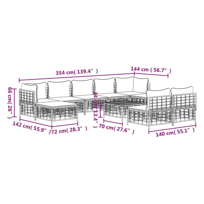 Set Divani da Giardino 10pz con Cuscini Antracite in Polyrattan 3186805