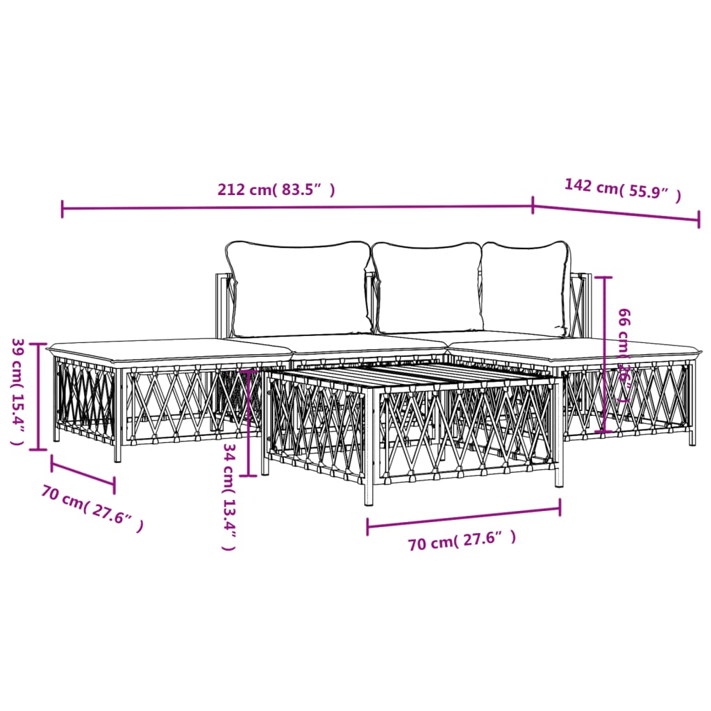 Set Salotto da Giardino 5 pz con Cuscini in Acciaio Bianco 3186850