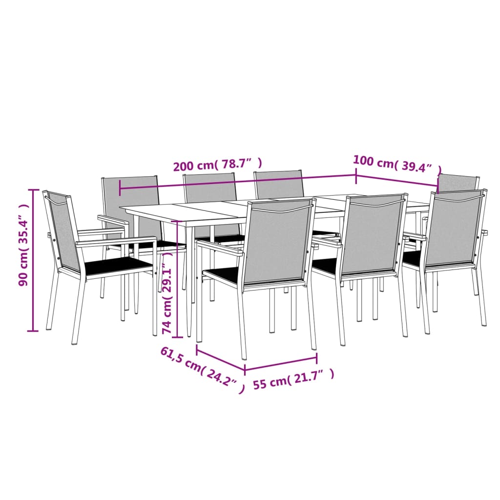 Set da Pranzo da Giardino 9 pz Nero in Textilene e Acciaio 3187040