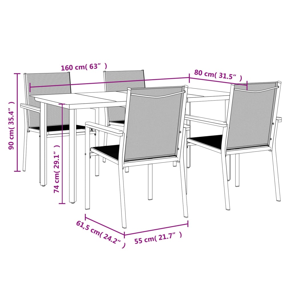 Set da Pranzo da Giardino 5 pz Nero in Textilene e Acciaio 3187045