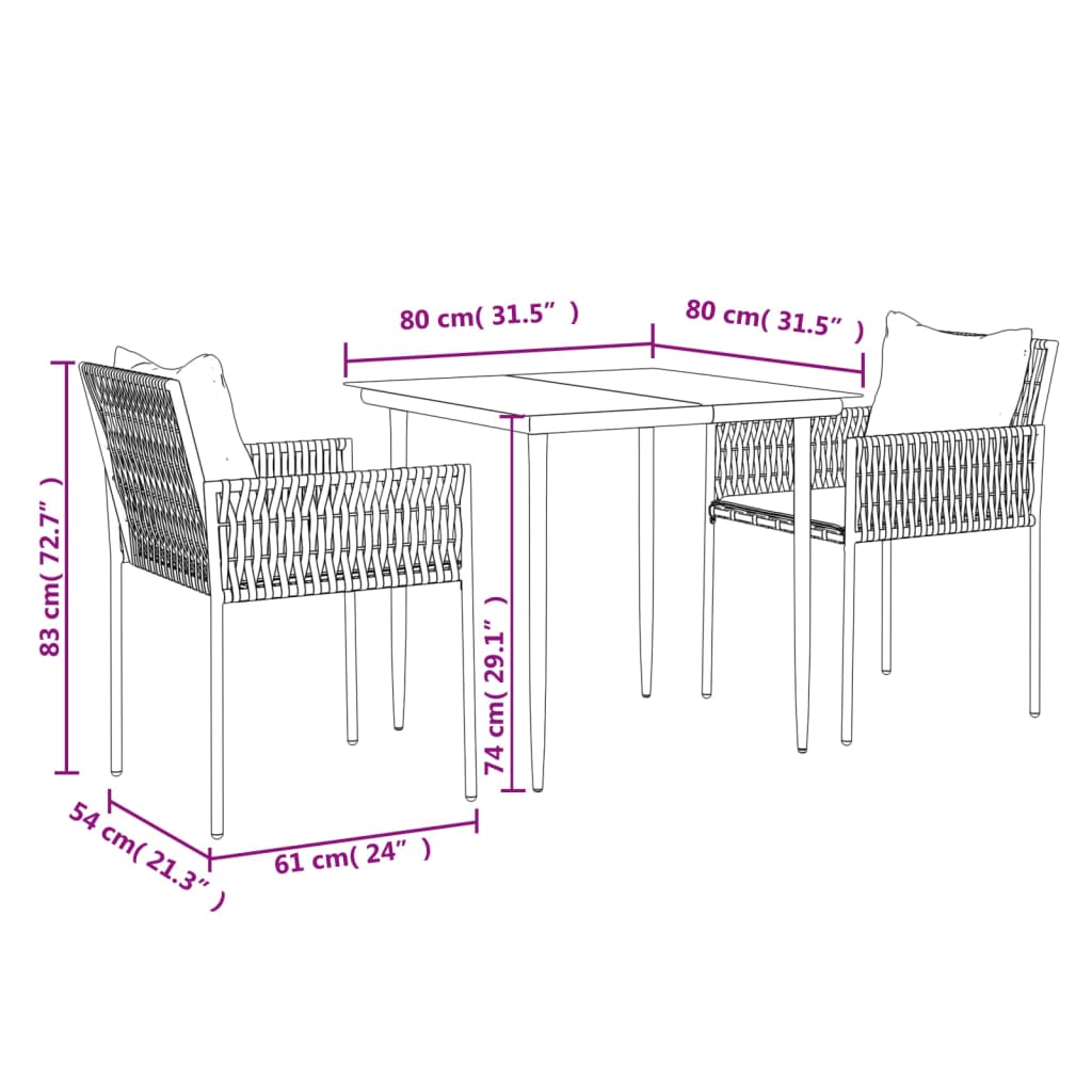 Set Pranzo da Giardino 3pz con Cuscini in Polyrattan e Acciaio 3187051