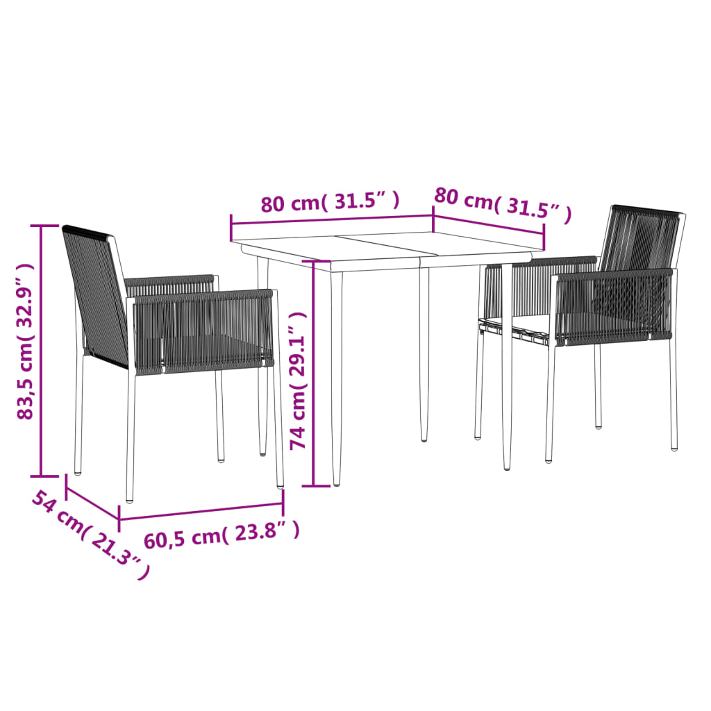 Set Pranzo Giardino 3 pz con Cuscini Polyrattan e Acciaio Nero 3187065