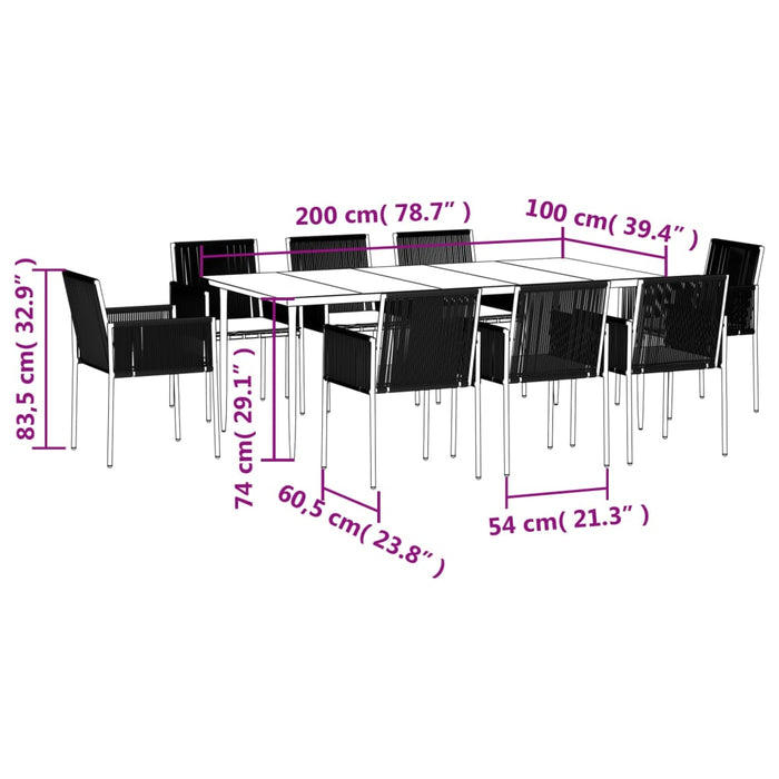 Set Pranzo Giardino 9 pz con Cuscini Polyrattan e Acciaio Nero 3187072