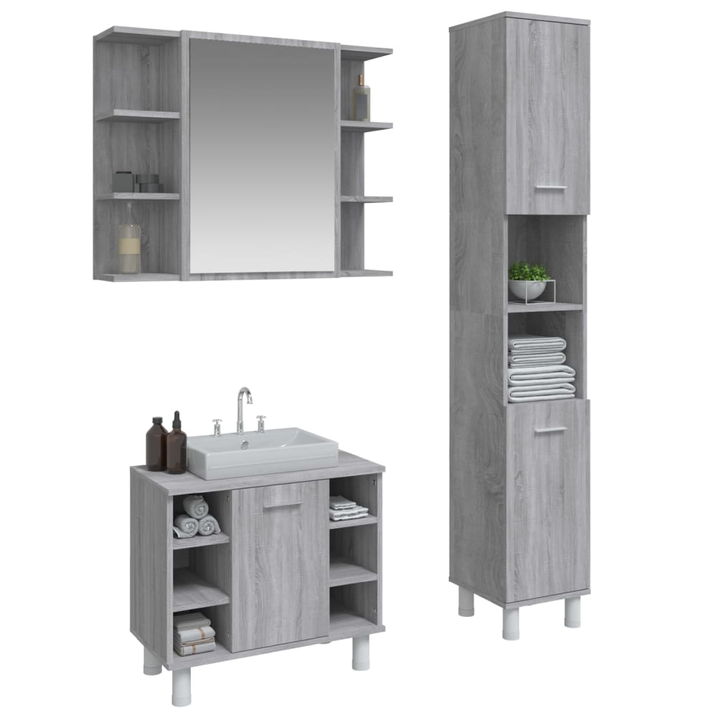 Set Mobili da Bagno 3 pz Grigio Sonoma in Legno Multistrato 3187607