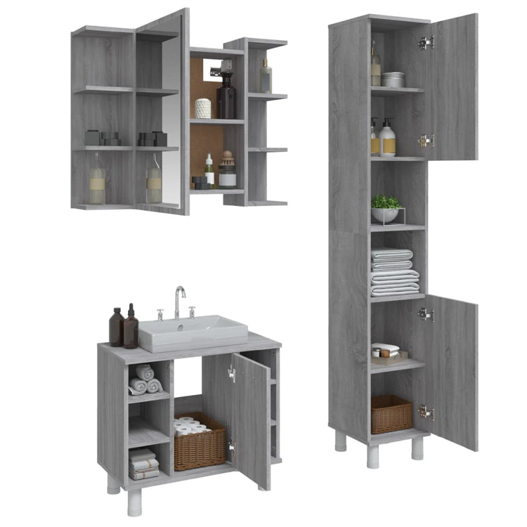 Set Mobili da Bagno 3 pz Grigio Sonoma in Legno Multistrato 3187607