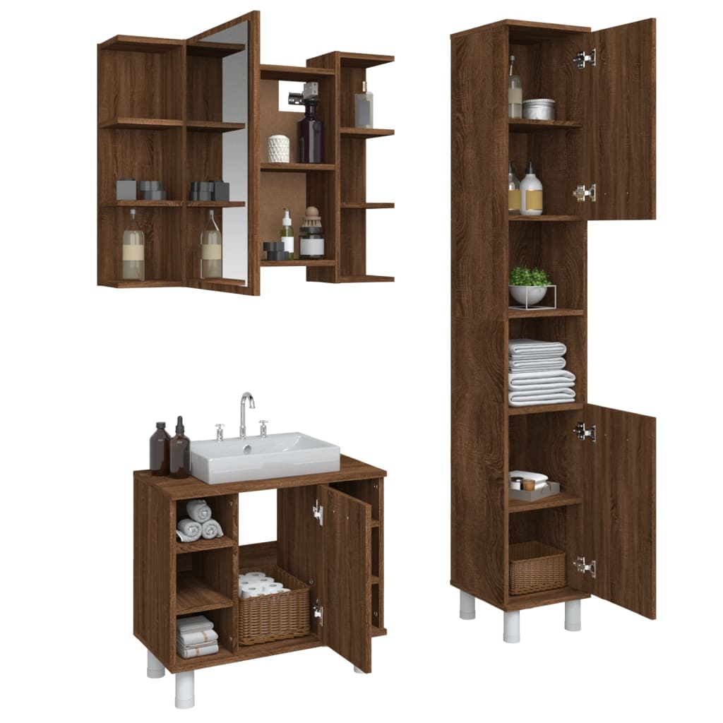 Set Mobili da Bagno 3 pz Rovere Marrone in Legno Multistrato 3187608