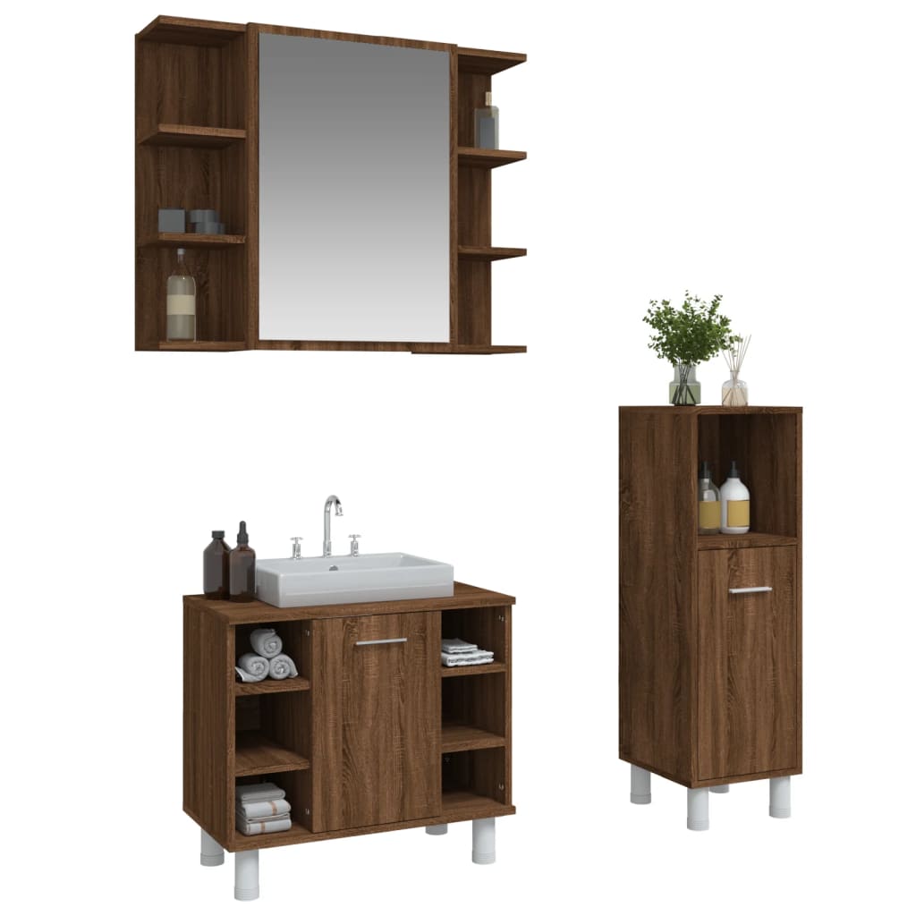 Set Mobili da Bagno 3 pz Rovere Marrone in Legno Multistrato 3187611