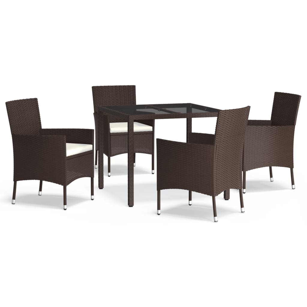 Set da Pranzo da Giardino 5pz con Cuscini in Polyrattan Marrone