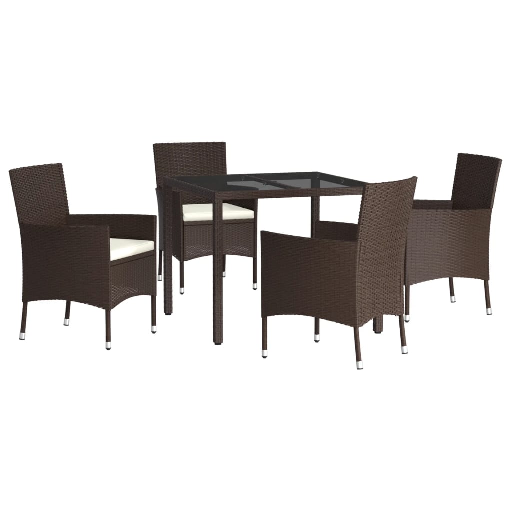 Set da Pranzo da Giardino 5pz con Cuscini in Polyrattan Marrone