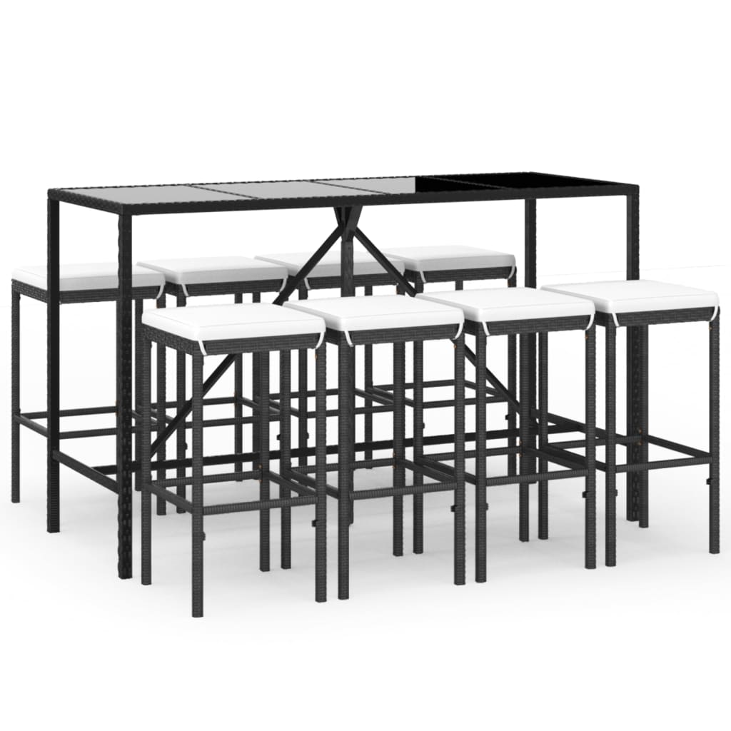 Set Bar da Giardino 9 pz con Cuscini in Polyrattan Nero 3187637