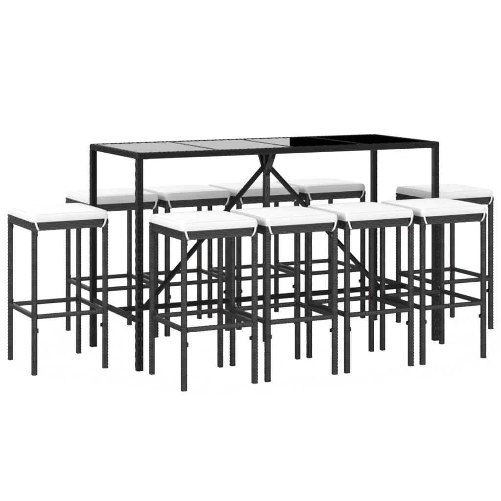 Set Bar da Giardino 11 pz con Cuscini in Polyrattan Nero 3187639