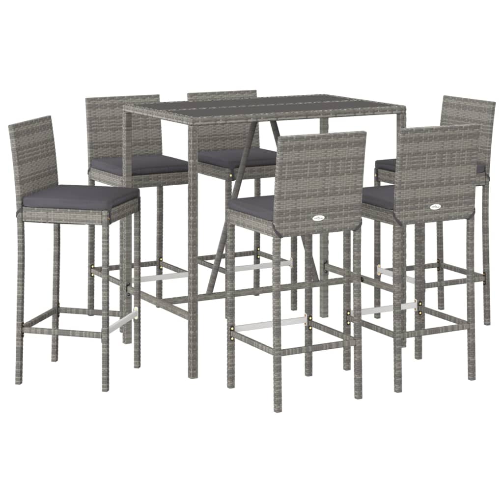 Set Bar da Giardino 7 pz con Cuscini in Polyrattan Grigio