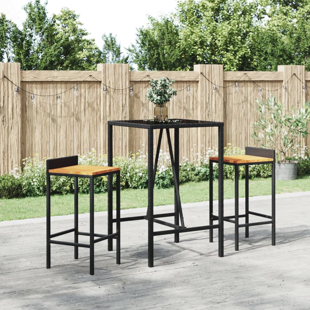 Set Bar Giardino 3 pz Nero Polyrattan e Legno Massello Acaciacod mxl 126414