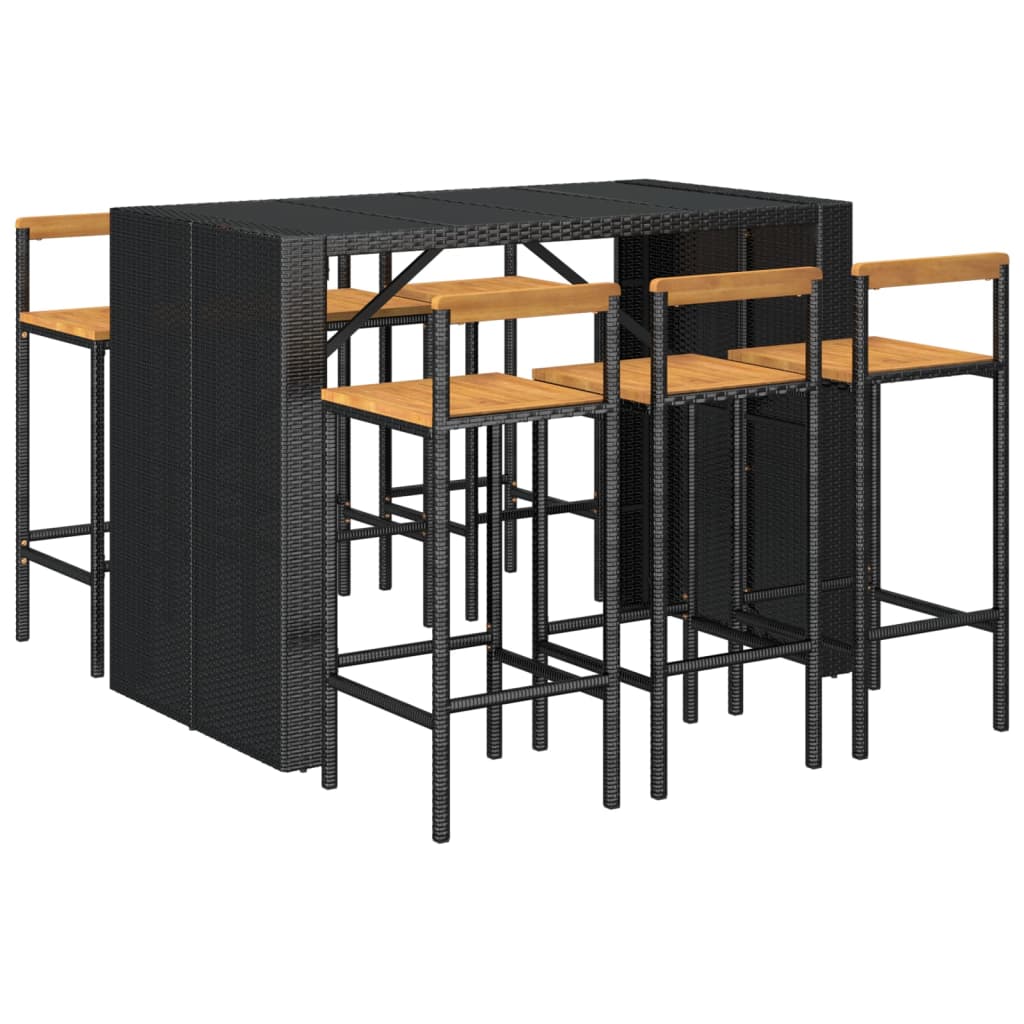 Set Bar Giardino 7 pz Nero Polyrattan e Legno Massello Acacia 3187702