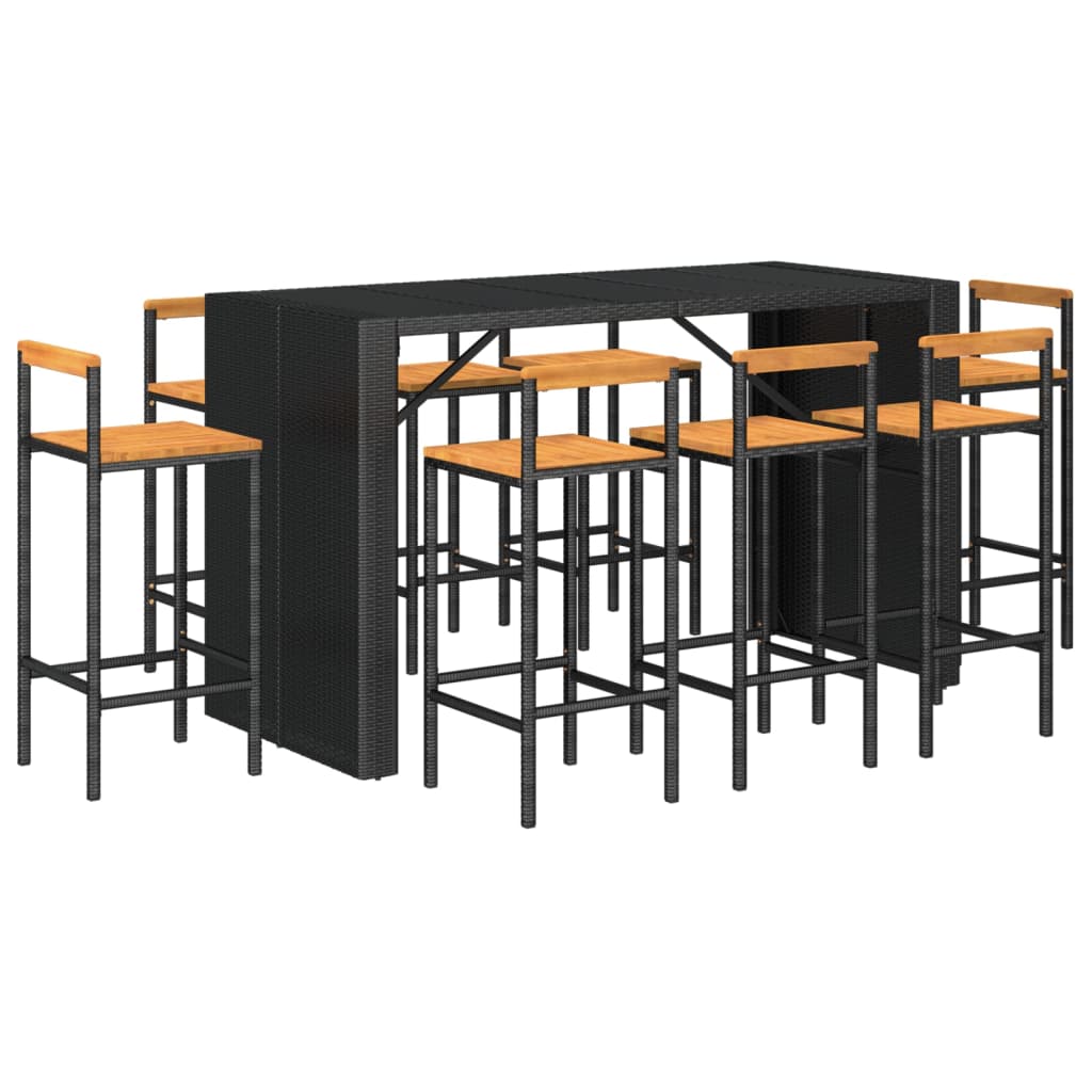 Set Bar Giardino 9 pz Nero Polyrattan e Legno Massello Acaciacod mxl 124631