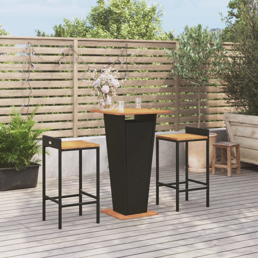 Set Bar Giardino 3 pz Nero Polyrattan e Legno Massello Acacia 3187722