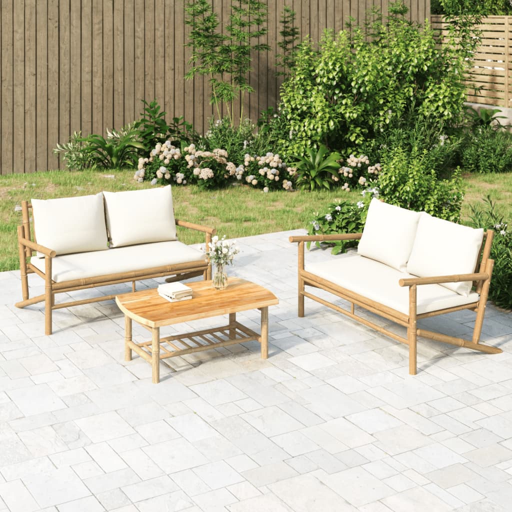 Set Salotto da Giardino 2pz con Cuscini Bianco Crema in Bambù 363461