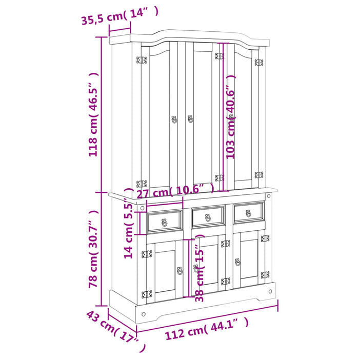 Credenza Corona Miele 112x43x196 cm in Legno Massello di Pino 355085