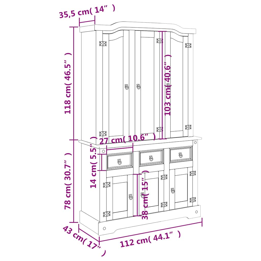 Credenza Corona Bianca 112x43x196 cm in Legno Massello di Pino 355086