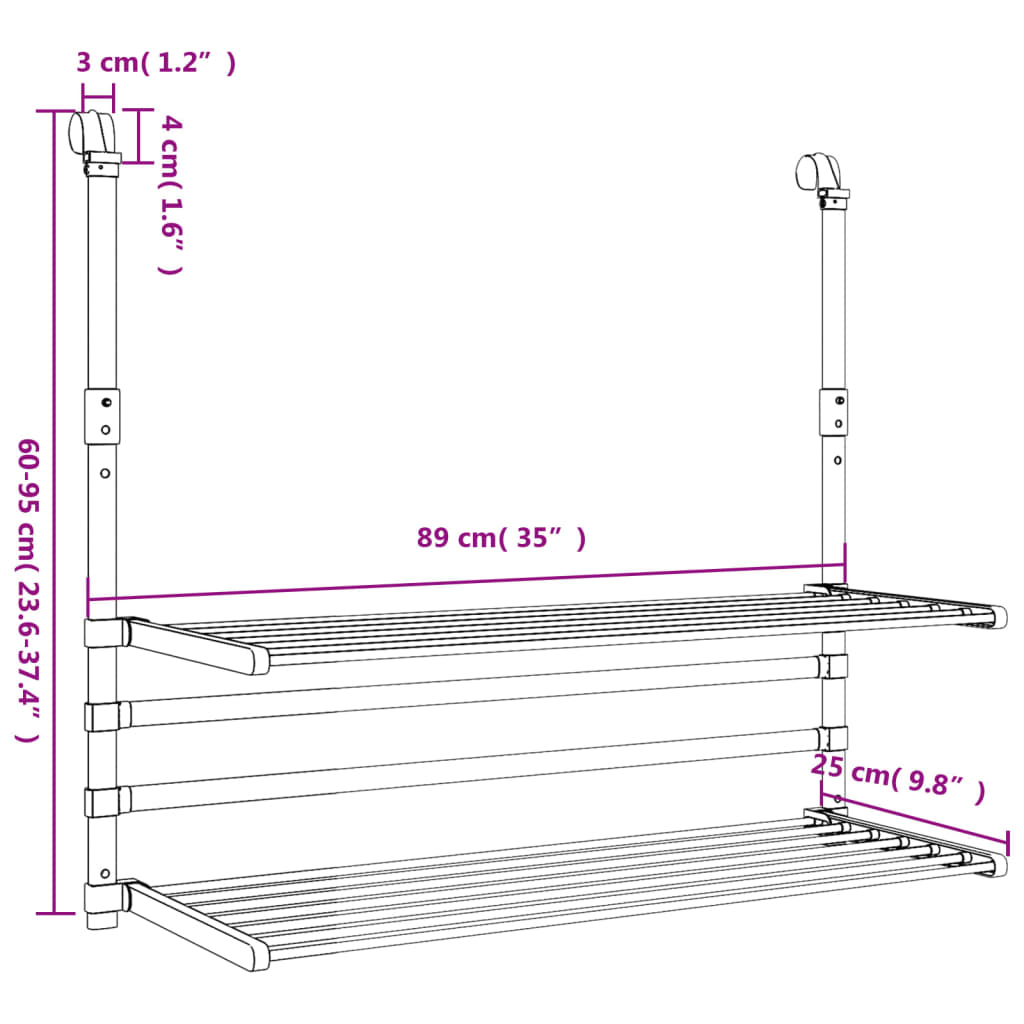 Stendino per Balcone 89x25x(60-95) cm in Alluminio 154605