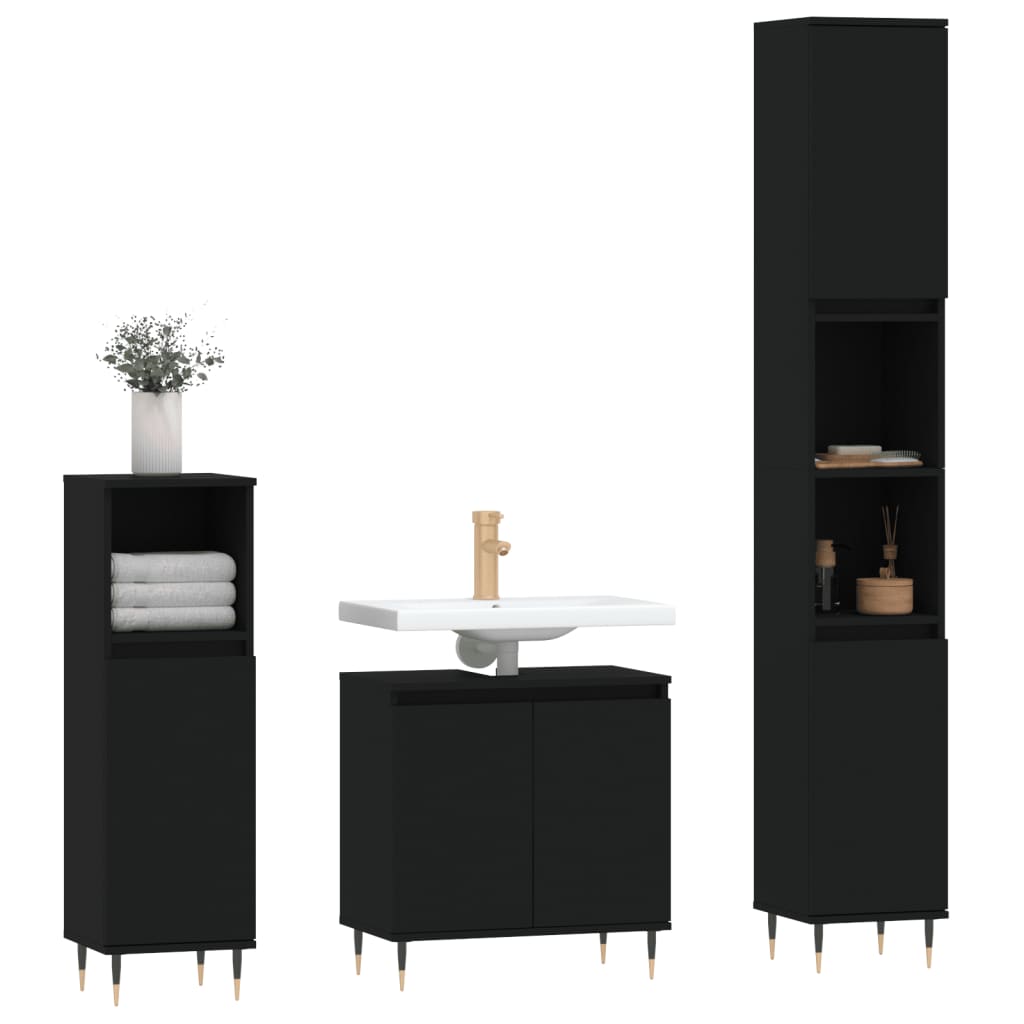 Set di Mobili da Bagno 3 pz Nero in Legno Multistrato 3187782