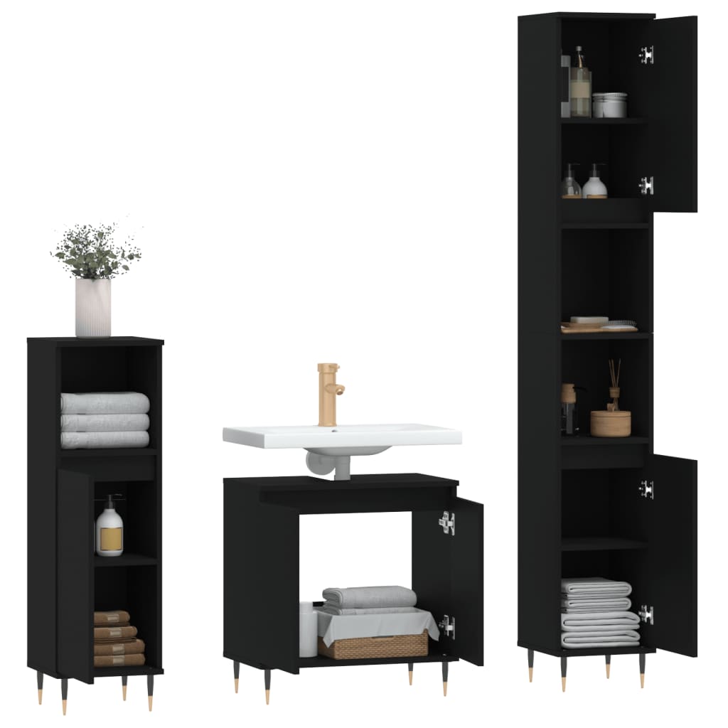 Set di Mobili da Bagno 3 pz Nero in Legno Multistrato 3187782